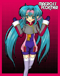 Rule 34 | 1girl, :d, aqua eyes, bandana, blue hair, blush, border, buttons, clenched hands, copyright name, crop top, emblem, english text, engrish text, eyebrows, fang, flat chest, gloves, grey thighhighs, hair intakes, hairband, halftone, halftone background, hands up, happy, headband, klan klein, leg up, long hair, long sleeves, looking at viewer, macross, macross frontier, meltrandi, military, military uniform, open mouth, pointy ears, purple thighhighs, quad tails, ranguage, red border, ribbon, s.m.s., sakasaka, shorts, sidelocks, sleeve cuffs, smile, solo, thigh gap, thighhighs, twintails, uniform, unitard, zentradi, zettai ryouiki