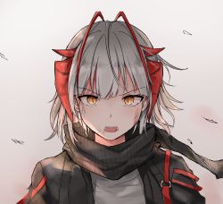 Rule 34 | 1girl, absurdres, antennae, arknights, black jacket, black scarf, commentary request, grey background, grey shirt, highres, horns, jacket, looking at viewer, mango (mgo), open clothes, open jacket, open mouth, portrait, scarf, shirt, short hair, silver hair, solo, w (arknights), yellow eyes