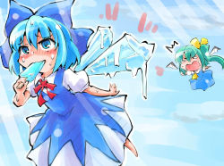 Rule 34 | 2girls, ^^^, ascot, blue dress, blue eyes, blue hair, blue sky, blush, cirno, cloud, daiyousei, dress, fairy wings, flying, food, green hair, hair ribbon, ice, ice wings, melting, multiple girls, popsicle, puffy sleeves, ribbon, shaded face, shinapuu, shirt, short sleeves, side ponytail, sky, surprised, sweat, touhou, wings
