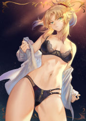 Rule 34 | 1girl, bare shoulders, black bra, black panties, blonde hair, blush, bra, braid, breasts, cleavage, collarbone, cowboy shot, dress shirt, fate/apocrypha, fate (series), french braid, gradient background, green eyes, hair between eyes, hair ornament, hair scrunchie, highres, light rays, long hair, looking at viewer, mashuu (neko no oyashiro), medium breasts, mordred (fate), mordred (fate/apocrypha), navel, off shoulder, open clothes, open shirt, panties, parted bangs, parted lips, ponytail, red scrunchie, scrunchie, shirt, sidelocks, solo, standing, stomach, thighs, underwear, underwear only, white shirt
