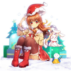 Rule 34 | 1girl, blurry, blurry background, blush, boots, box, brown hair, brown thighhighs, chinese commentary, christmas, christmas tree, closed mouth, commentary request, floating hair, full body, fur-trimmed boots, fur-trimmed sleeves, fur trim, gift, gift box, hair between eyes, hair ribbon, half updo, hand up, hat, headpat, highres, jacket, legs together, lliissaawwuu2, long hair, long sleeves, looking at viewer, miniskirt, nagamori mizuka, one - kagayaku kisetsu e, rabbit, red eyes, red ribbon, red skirt, ribbon, sailor collar, santa boots, santa hat, school uniform, simple background, skirt, smile, snowing, snowman, solo, stuffed animal, stuffed toy, thighhighs, thighs, visible air, wavy hair, white background, white fur, white sailor collar, winter, yellow jacket, yellow ribbon, zettai ryouiki
