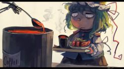 Rule 34 | 1girl, commentary, cup, food, green hair, hat, koto inari, shiki eiki, short hair, skeleton, solo focus, soup, teacup, tongue, touhou, tray