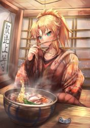 Rule 34 | 1girl, aqua eyes, blonde hair, bowl, braid, brown shirt, ceiling, chopstick rest, chopsticks, collarbone, commentary request, dutch text, fate/grand order, fate (series), food, half updo, hanging scroll, highres, holding, holding chopsticks, indoors, kotatsu, long sleeves, looking at viewer, mordred (fate), mordred (fate/apocrypha), mouth hold, noodles, ohako (ohako1818), ramen, robe, scroll, shirt, shirt under shirt, short ponytail, shrimp, shrimp tempura, sidelocks, sliding doors, solo, soup, steam, table, tempura, under kotatsu, under table, upper body