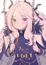 Rule 34 | 1girl, blue archive, blush, chain, closed mouth, coat, collar, demon horns, forehead, fur trim, highres, hina (blue archive), holding, holding chain, horns, jewelry, long hair, long sleeves, looking at viewer, multiple horns, nunoshino, parted bangs, purple eyes, simple background, solo, sweatdrop, upper body, white background, white hair