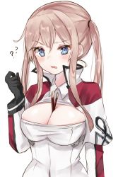 Rule 34 | 10s, 1girl, ?, bad id, bad twitter id, between breasts, blonde hair, blue eyes, blush, breasts, capelet, chiune (yachi), cleavage cutout, clothing cutout, commentary request, food, gloves, graf zeppelin (kancolle), kantai collection, pocky, pocky day, sidelocks, simple background, solo, twintails, upper body, white background, wince