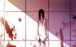 Rule 34 | 1girl, back against wall, blood, blood on face, blood on wall, blood splatter, blood stain, breasts, clothes grab, dress, leaning back, long hair, medium breasts, no eyes, smile, solo focus, white dress