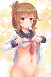 Rule 34 | 1girl, black sailor collar, blush, bottomless, breasts, brown eyes, brown hair, closed mouth, clothes lift, collarbone, folded ponytail, groin, highres, inazuma (kancolle), kantai collection, lifting own clothes, long sleeves, michou, navel, out-of-frame censoring, sailor collar, school uniform, serafuku, shirt, shirt lift, sidelocks, small breasts, smile, solo, white shirt