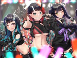 Rule 34 | 3girls, absurdres, akagane mic, belt, black hair, black jacket, black nails, black skirt, blue belt, blue eyes, blue hair, breasts, closed mouth, clothing cutout, commentary request, cowboy shot, crop top, cropped jacket, cross-laced clothes, cross-laced sleeves, cyrillic, demon girl, demon horns, ear chain, ear piercing, fang, grin, highres, holding, holding microphone, horns, jacket, kojo anna, kojo anna (1st costume), large breasts, long hair, long sleeves, looking at viewer, microphone, midriff, multicolored hair, multiple girls, nail polish, nanashi inc., navel, one eye closed, open clothes, open mouth, piercing, pointing, pointing at viewer, pointy ears, purple hair, red eyes, red hair, ryugasaki rene, ryugasaki rene (1st costume), shishio chris, short hair, shoulder cutout, skin fang, skirt, smile, sugar lyric, tail, twintails, two-tone hair, underboob, virtual youtuber, yellow eyes