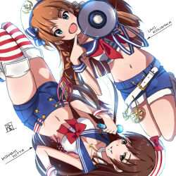 Rule 34 | 2girls, anchor ornament, belt, blue eyes, blue sailor collar, blue shorts, bow, bowtie, braid, breasts, brown eyes, brown hair, buttons, character name, cleavage, commentary, crop top, hand up, hat, holding, holding megaphone, holding microphone, idolmaster, idolmaster cinderella girls, idolmaster million live!, idolmaster million live! theater days, kousaka umi, light blush, long hair, looking at viewer, medium breasts, megaphone, microphone, mistrail, multiple girls, navel, neckerchief, nitta minami, open mouth, parted lips, red bow, red bowtie, red neckerchief, sailor collar, seductive smile, shirt, short shorts, shorts, smile, sparkle, stomach, striped clothes, striped thighhighs, thighhighs, thighs, white background, white belt, white headwear, white shirt, wrist cuffs
