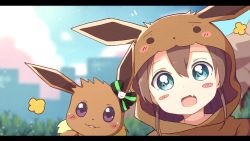 Rule 34 | 1girl, alternate costume, animal hood, blue eyes, blurry, blurry background, blush stickers, brown hair, cityscape, commentary request, creatures (company), crossover, eevee, fang, game freak, gen 1 pokemon, grass, hair between eyes, hair ribbon, highres, hololive, hood, looking at viewer, natsuiro matsuri, nintendo, okota mikan, open mouth, pokemon, pokemon (creature), portrait, ribbon, sky, virtual youtuber