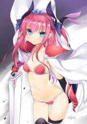 Rule 34 | 1girl, 47agdragon, armor, bikini, bikini armor, black thighhighs, blue eyes, blue ribbon, blush, breasts, broadsword, cape, choker, curled horns, elizabeth bathory (brave) (fate), elizabeth bathory (fate), fate/grand order, fate (series), flat chest, hair ribbon, highres, holding, holding sword, holding weapon, horns, long hair, looking at viewer, loose bikini, navel, oversized clothes, pauldrons, pink bikini, pink hair, pointy ears, red bikini, ribbon, shoulder armor, small breasts, solo, string bikini, sweat, swimsuit, sword, thighhighs, tiara, two side up, vambraces, weapon, white cape