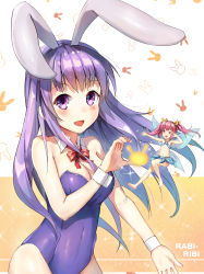 Rule 34 | 2girls, :d, animal ears, bare shoulders, barefoot, breasts, cleavage, copyright name, detached collar, detached sleeves, erina (rabi-ribi), fairy, fake animal ears, flat chest, himonoata, leotard, long hair, looking at viewer, medium breasts, multiple girls, navel, one eye closed, open mouth, pink hair, playboy bunny, purple eyes, purple hair, rabbit ears, rabi-ribi, ribbon, ribbon (rabi-ribi), shiny skin, sleeveless, smile, twintails, wings