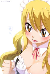Rule 34 | 1girl, blonde hair, blush, breasts, brown eyes, cleavage, fairy tail, gaston18, highres, long hair, lucy heartfilia, maid, maid headdress, open mouth, smile, solo, tagme