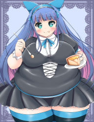 Rule 34 | 10s, 1girl, aqua eyes, blush, border, breasts, eating, fat, food, fork, highres, huge breasts, kurokaze no sora, long hair, looking at viewer, panty &amp; stocking with garterbelt, pink hair, purple hair, smile, solo, stocking (psg), thick thighs, thighhighs, thighs, wide hips