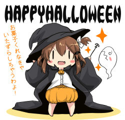 Rule 34 | 1girl, anchor symbol, blush stickers, brown hair, chibi, cloak, english text, fang, ghost, hair ornament, hair ribbon, hairclip, halloween, halloween costume, happy halloween, hat, ikazuchi (kancolle), kantai collection, open mouth, oshiruko (uminekotei), pumpkin, ribbon, short hair, skin fang, solo, translated, white background, witch hat, | |
