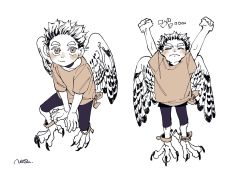 Rule 34 | 1boy, akaashi keiji, animal feet, anklet, arms up, artist name, between legs, bird legs, bird wings, brown eyes, brown shirt, child, closed eyes, closed mouth, feathered wings, full body, haikyuu!!, hand between legs, harpy boy, jewelry, looking at viewer, male focus, monochrome, monster boy, monsterification, multiple views, natsu (rodysanp), shirt, short hair, short sleeves, shorts, signature, simple background, sitting, standing, stretching, talons, thick eyebrows, very short hair, white background, wings