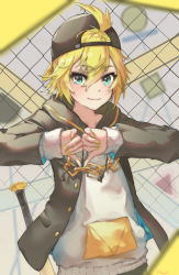Rule 34 | 1boy, absurdres, azusa (azunyan12), baseball bat, baseball cap, black hoodie, blonde hair, blue eyes, blurry, blurry background, blurry foreground, caution tape, chain-link fence, chain necklace, commentary, drawstring, fence, hat, heart, heart hands, highres, hood, hoodie, kagamine len, male focus, nail polish, necklace, own hands together, rettou joutou (vocaloid), road sign, shirt, sign, signature, smile, solo, spiked hair, thumbs down, upper body, vocaloid, white shirt, yellow nails