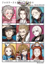 4girls 5boys ace_attorney ace_attorney_investigations ace_attorney_investigations:_miles_edgeworth ace_attorney_investigations_2:_prosecutor&#039;s_gambit ahoge animal animal_on_head aqua_jacket ascot black_choker black_hair black_hat black_shirt blue_jacket blue_necktie blue_scarf blush_stickers brown_eyes brown_hair brown_shirt calisto_yew cammy_meele choker closed_eyes earrings facial_hair fangs feather_boa fedora followers_favorite_challenge freckles fur_trim gloves goatee_stubble grabbing_another&#039;s_hair grey_eyes grey_hair hair_between_eyes hair_ornament hand_on_headwear hat heart highres holding_baton ichiyanagi_yumihiko jacket jacket_on_shoulders jewelry jjinsil456 korean_commentary lapel_pin laughing long_hair looking_at_another looking_at_viewer medium_hair miles_edgeworth monkey multiple_boys multiple_drawing_challenge multiple_girls mustache_stubble necktie old old_woman on_head open_mouth pink_eyes pink_lips red_hair red_jacket sarushiro_souta scarf shi-long_lang shigaraki_tateyuki shih-na shirt short_hair small_sweatdrop striped_clothes striped_scarf stubble tearing_up wendy_oldbag white_ascot white_gloves white_hair