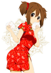 Rule 34 | ass, baozi, blush, brown eyes, brown hair, china dress, chinese clothes, commentary request, cowboy shot, dress, duplicate, eating, floral background, food, hair ornament, hairclip, hirasawa yui, k-on!, pearl hair ornament, pelvic curtain, pixel-perfect duplicate, ragho no erika, short dress, short twintails, slit, tagme, thighs, twintails, white background