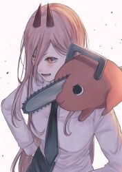 Rule 34 | 1girl, absurdres, black necktie, blush, chainsaw man, collared shirt, cross-shaped pupils, highres, long hair, looking away, necktie, on shoulder, open mouth, pink hair, pochita (chainsaw man), power (chainsaw man), sharp teeth, shirt, simple background, smile, symbol-shaped pupils, teeth, toukaairab, white background, white shirt