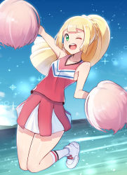 Rule 34 | 1girl, blonde hair, braid, cheerleader, collarbone, cosplay, creatures (company), dawn (pokemon), dawn (pokemon) (cosplay), day, game freak, green eyes, highres, holding, holding pom poms, lillie (pokemon), long hair, looking at viewer, midair, nintendo, ocean, one eye closed, open mouth, outstretched arm, pokemon, pokemon (anime), pokemon dppt (anime), pokemon sm (anime), pom pom (cheerleading), pom poms, ponytail, shoes, skirt, sleeveless, smile, sneakers, socks, solo, teeth, upper teeth only, white socks, yasu suupatenin