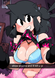 Rule 34 | 1girl, black eyes, black hair, blurry, blurry background, blush, bra, breasts, cleavage, clothes lift, ear piercing, english text, highres, indoors, jewelry, looking at viewer, lucia (scott malin), medium breasts, navel, necklace, original, piercing, scott malin, shadow, shirt lift, solo, sweatdrop, underwear, upper body, white bra