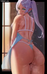 Rule 34 | 1girl, apron, ass, bare shoulders, blush, bra, come hither, frieren, from behind, green eyes, grey hair, huge ass, long hair, looking at viewer, naughty face, pointy ears, smile, solo, sousou no frieren, sweat, thong, tiramisuu44, underwear