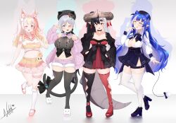 Rule 34 | 4girls, ;d, absurdres, alice cream, beret, black dress, black hair, black headwear, black thighhighs, blonde hair, blue eyes, blue footwear, blue hair, breasts, cat tail, cleavage, crop top, dated, dragon girl, dragon horns, dragon tail, dress, full body, garter straps, glasses, grey hair, hair horns, hair ornament, hands in pockets, hat, heart, heterochromia, high heels, highres, hiiragi emuri, holly, holly hair ornament, horns, indie virtual youtuber, instrument, large breasts, long sleeves, moon (anntan), multicolored hair, multiple girls, mythic live, nako ryu, natch imaycz, navel, one eye closed, open mouth, pink eyes, pink footwear, pink shorts, pink sweater, plunging neckline, pointy ears, rabbit hair ornament, red dress, red eyes, red footwear, round eyewear, shorts, signature, skirt, smile, socks, split-color hair, standing, standing on one leg, streaked hair, sweater, tail, thigh strap, thighhighs, two-tone dress, two-tone hair, violin, virtual youtuber, white hair, white socks, white thighhighs, yellow skirt