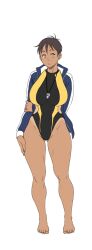 Rule 34 | 1girl, barefoot, breasts, brown eyes, brown hair, dark skin, full body, highres, large breasts, looking at viewer, original, sgt crisis, short hair, simple background, solo, swimsuit, sylvia (sgt crisis), thighs, toes, tomboy, whistle, white background