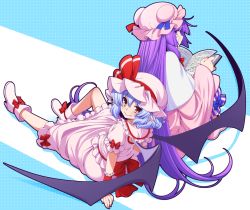 Rule 34 | 2girls, arm support, bat wings, blue background, blue bow, blue hair, blunt bangs, book, boots, bow, capelet, collar, commentary request, dress, eichi yuu, footwear bow, frilled collar, frilled skirt, frills, hat, hat ribbon, knee up, long hair, looking at viewer, mob cap, multiple girls, patchouli knowledge, pink dress, pink footwear, pink headwear, pink shirt, pink skirt, puffy short sleeves, puffy sleeves, purple hair, red bow, red eyes, red ribbon, remilia scarlet, ribbon, shirt, shoes, short sleeves, simple background, sitting, skirt, smile, touhou, very long hair, wide sleeves, wings, wrist cuffs