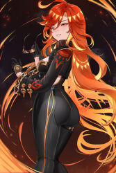 1girl absurdres ahoge ass biker_clothes bikesuit black_bikesuit black_gloves blonde_hair bodysuit breasts brown-tinted_eyewear genshin_impact gloves highres long_hair long_sleeves looking_at_viewer mavuika_(genshin_impact) medium_breasts multicolored_hair orange_eyes orange_hair orange_pupils red_hair solo sun-shaped_pupils sunburst_iris tinted_eyewear two-tone_eyes two-tone_hair very_long_hair wonnikon