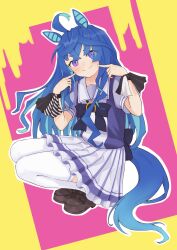 Rule 34 | 1girl, @ @, absurdres, ahoge, animal ears, blue eyes, blue hair, blush, bow, bowtie, brown footwear, closed mouth, commentary request, crossed bangs, full body, hair down, hands up, heterochromia, highres, horse ears, horse girl, horse tail, loafers, long hair, looking at viewer, pink background, purple eyes, purple shirt, purple skirt, sailor collar, school uniform, shirt, shoes, short sleeves, skirt, smile, solo, split mouth, squatting, tail, thighhighs, tracen school uniform, twin turbo (umamusume), two-tone background, umamusume, white thighhighs, yellow background, zephda