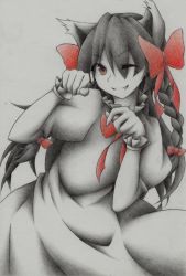 Rule 34 | 1girl, ;), animal ears, bow, braid, cat ears, dress, fang, graphite (medium), hair bow, higurashi999, kaenbyou rin, long hair, one eye closed, partially colored, paw pose, pencil, puffy short sleeves, puffy sleeves, red eyes, short sleeves, smile, solo, touhou, traditional media, twin braids, watercolor pencil (medium), wink, wrist cuffs