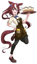 Rule 34 | 1girl, absurdres, alternate costume, animal ears, apron, barista, black pants, blue bow, blue bowtie, blue eyes, blush, bow, bowtie, brown apron, brown hair, commentary, cup, disposable cup, ear bow, full body, hand on own hip, highres, holding, holding tray, horse ears, horse girl, horse tail, hyanyon, loafers, looking at viewer, open mouth, pants, pink bow, ponytail, shirt, shoes, simple background, sleeves rolled up, smile, solo, tail, tokai teio (umamusume), tray, twitter username, umamusume, white background, white shirt