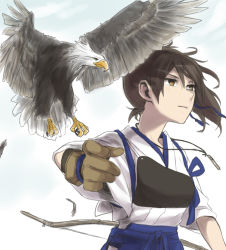 Rule 34 | 10s, 1girl, bird, bow (weapon), brown hair, eagle, feathers, gloves, hair ribbon, kaga (kancolle), kantai collection, muneate, ree (re-19), ribbon, side ponytail, solo, weapon, yellow eyes