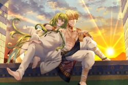 Rule 34 | 1boy, 1other, alternate costume, androgynous, arabian clothes, barefoot, blonde hair, blue eyes, bracelet, chalice, cup, earrings, enkidu (fate), fate/grand order, fate (series), gilgamesh (fate), gold, green eyes, green hair, hair between eyes, highres, holding, jewelry, kac61010, long hair, long sleeves, muscular, muscular male, neck ring, necklace, open mouth, pants, red eyes, robe, short hair, smile, sunset, toga, topless male, very long hair, white pants, white robe