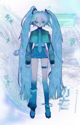 Rule 34 | 1girl, abstract background, alternate costume, aqua jacket, arms at sides, asymmetrical legwear, blue footwear, blue hair, blue necktie, blue shirt, blue skirt, character name, closed mouth, cropped jacket, cursor, full body, gears, green eyes, grey background, hair between eyes, hair ornament, hatsune miku, headset, highres, jacket, jpeg artifacts, light blue hair, long hair, long sleeves, looking at viewer, mawarusanso, miniskirt, necktie, open clothes, open jacket, shirt, single loose sock, skirt, solo, standing, straight-on, thigh strap, twintails, very long hair, vocaloid, window (computing)