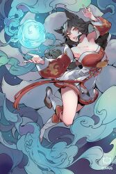 Rule 34 | 1girl, ahri (league of legends), animal ears, artist name, black hair, breasts, cleavage, collarbone, commentary, detached sleeves, energy ball, facial mark, fingernails, fox ears, fox tail, full body, hair between eyes, highres, ippus, large breasts, league of legends, long hair, looking up, multiple tails, nail polish, open mouth, red nails, sidelocks, smile, solo, tail, whisker markings, yellow eyes