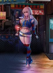 Rule 34 | 1girl, belt, blonde hair, borrowed character, breasts, bullitbikini, commentary, denim, denim shorts, full body, fur collar, game cg, gift art, green eyes, highres, long hair, long legs, midriff, navel, original, shiratama liliana, shoes, short shorts, shorts, sidelocks, small breasts, sneakers, solo, stomach, striped clothes, striped sleeves, striped thighhighs, thighhighs, toned