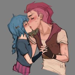 Rule 34 | 2girls, age difference, arcane: league of legends, arcane jinx, arcane vi, blue hair, braid, braided ponytail, braiding hair, closed eyes, cutting hair, french kiss, hair ornament, hairdressing, highres, holding hands, incest, interlocked fingers, jinx (league of legends), kiss, league of legends, mooch (artist), multiple girls, onee-loli, pink hair, ponytail, powder (arcane), riot games, short hair, siblings, simple background, sisters, tongue, vi (league of legends), yuri