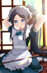 Rule 34 | 1girl, al1n4 (user jmhj3844), aris (blue archive), black hair, blue archive, blue eyes, highres, looking at viewer, maid, mouth hold, short sleeves, smile, solo