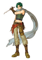 Rule 34 | 1boy, fire emblem, fire emblem: radiant dawn, green eyes, green hair, highres, holding, holding weapon, kita senri, knife, looking at viewer, male focus, matching hair/eyes, navel, nintendo, scarf, simple background, solo, sothe, spiked hair, weapon, white background