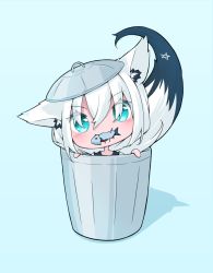 Rule 34 | 1girl, animal ear fluff, animal ears, blue background, blush, braid, chibi, commentary request, fish in mouth, fox ears, fox girl, fox tail, green eyes, hair between eyes, hololive, ikamoworkshop, in trash can, long hair, looking at viewer, pentagram, shirakami fubuki, sidelocks, simple background, single braid, solo, tail, trash can, virtual youtuber, white hair