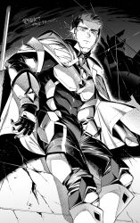 Rule 34 | 1boy, ao isami, armored boots, bodysuit, boots, bravern, cape, closed mouth, greyscale, highres, kan (pyy c12), large pectorals, looking at viewer, male focus, monochrome, muscular, muscular male, pectorals, short hair, solo, translation request, yuuki bakuhatsu bang bravern