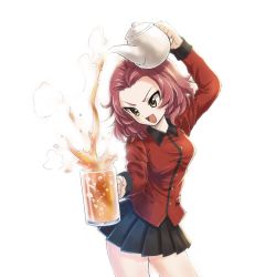 Rule 34 | 10s, 1girl, collared jacket, cowboy shot, cup, girls und panzer, highres, inumoto, jacket, long sleeves, military jacket, miniskirt, mug, open mouth, pocket, pouring, rosehip (girls und panzer), simple background, skirt, solo, standing, teapot, uniform, v-shaped eyebrows, white background