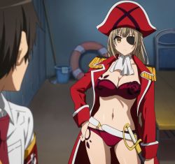 Rule 34 | 10s, 1boy, 1girl, amagi brilliant park, bikini, breasts, brown eyes, brown hair, cleavage, eyepatch, hat, highres, jacket, kyoto animation, large breasts, long hair, long sleeves, navel, open clothes, open jacket, pirate, pirate hat, red bikini, red jacket, screencap, sento isuzu, standing, swimsuit, sword, thighs, weapon, yellow eyes