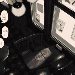 Rule 34 | chair, fake text, greyscale, highres, indoors, monochrome, narue, no humans, original, scenery, table
