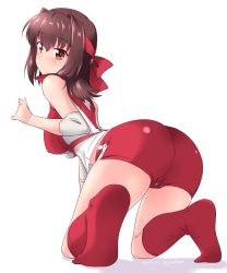 Rule 34 | 1girl, arm support, ass, blush, brown eyes, brown hair, commentary, dated, elbow pads, from behind, girls und panzer, headband, highres, kneeling, kondou taeko, kuzuryuu kennosuke, leaning forward, looking at viewer, looking back, medium hair, no shoes, one-hour drawing challenge, red headband, red shirt, red shorts, red socks, shirt, short shorts, shorts, simple background, sleeveless, sleeveless shirt, socks, solo, sportswear, twitter username, volleyball uniform, white background