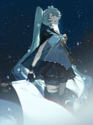 Rule 34 | 1girl, aqua eyes, aqua hair, aqua shirt, arms at sides, black footwear, black gloves, black shorts, black skirt, boots, breasts, cape, earpiece, feet out of frame, flag, gloves, hatsune miku, holding, holding flag, long hair, looking up, microphone, mie lu, shirt, shorts, skirt, small breasts, small stellated dodecahedron, solo, standing, thigh boots, twintails, very long hair, vocaloid, wrist cuffs