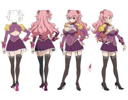 Rule 34 | 10s, 1girl, back, breasts, bridal gauntlets, charlotte scherzen, charlotte shalzen, cleavage, epaulettes, garter straps, hand on own hip, high heels, kaneko hiraku, large breasts, long hair, long sleeves, looking at viewer, multiple views, nail polish, official art, pink hair, pleated skirt, profile, pumps, purple eyes, simple background, skirt, sleeve cuffs, smile, thighhighs, two side up, valkyrie drive, valkyrie drive -mermaid-, white background